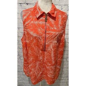 Michael Kors Sleeveless Front Zip Closure Top Orange Palm Tree Print Size XL